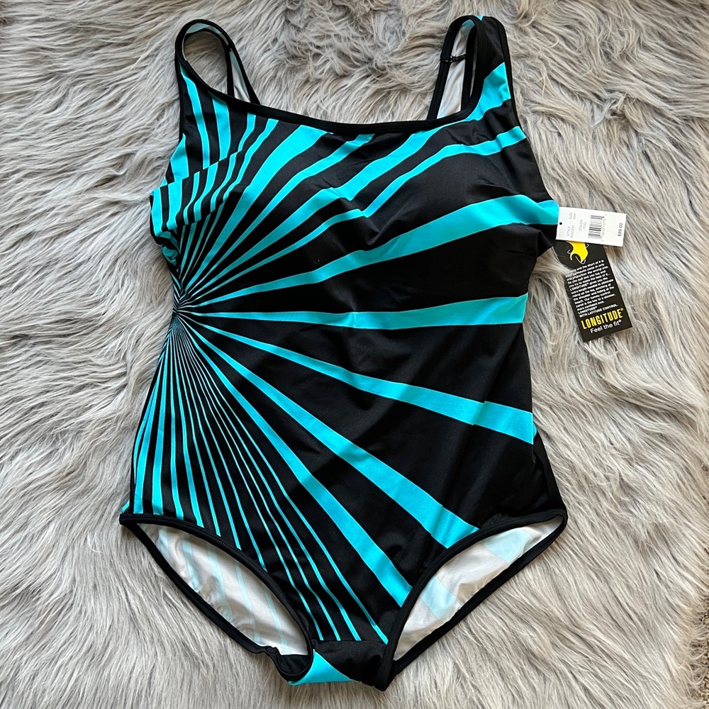 Longitude Blue and Black Geometric One Piece Swimsuit size 20 NWT